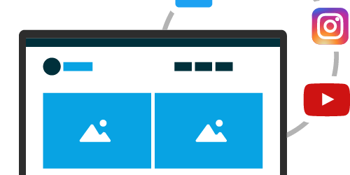 An illustration depicting a computer and the major social media sites (YouTube, Facebook, twitter and Instagram)