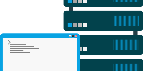 Server Devops an illustration of a server rack and a screen displaying code to interact with the information on the server