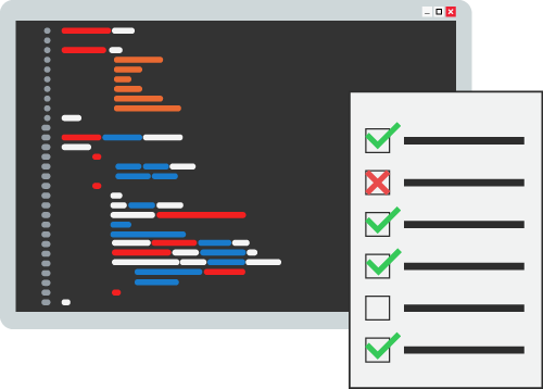 An illustration of code being displayed on the screen in the background and check boxes being seen on a sheet in the foreground